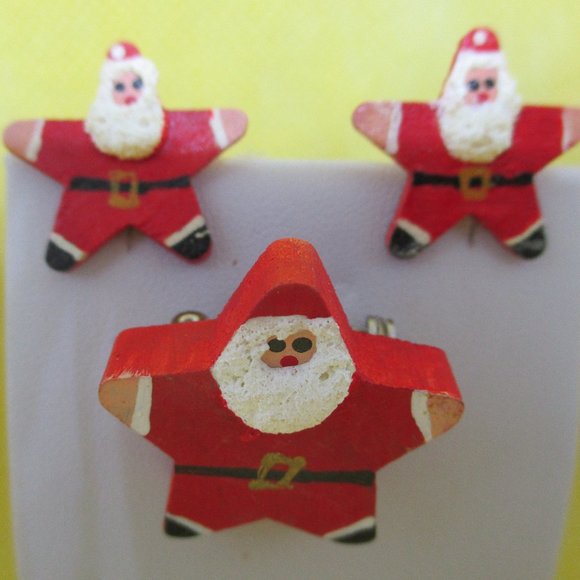Handcrafted Wood Santa Clause Earrings & Santa Clause Brooch Set Handmade Painte - Picture 3 of 8